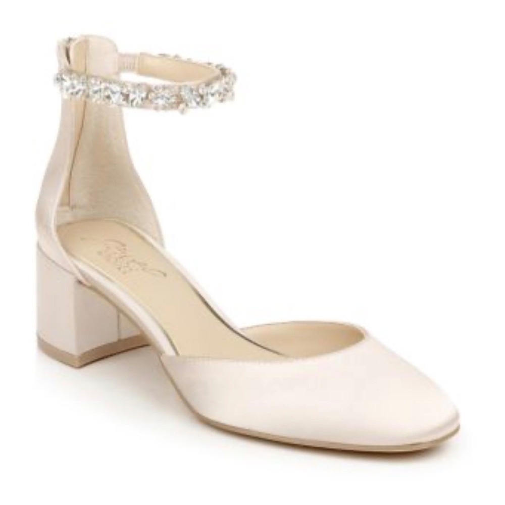 Jewel Badgley Mischka Satin Crystal Ankle Strap Block Heel Pump Cathleen y2k bli
